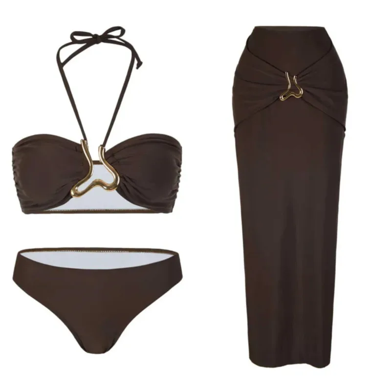 Summer Solid Color 3Piece Bikini Set Stylish Women's Strappy Bandeau Swimsuit Metallic-Button Cover-Up Maxi Skirt Beach Swimsuit
Summer Solid Color 3Piece Bikini Set Stylish Women's Strappy Bandeau Swimsuit Metallic-Button Cover-Up Maxi Skirt Beach Swimsuit
