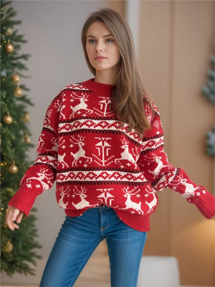 2024 New Autumn Winter Ugly Christmas Deer Knitted Sweater For Women Fashion Casual Loose Pullover Round Neck Long Sleeve Jumper
2024 New Autumn Winter Ugly Christmas Deer Knitted Sweater For Women Fashion Casual Loose Pullover Round Neck Long Sleeve Jumper