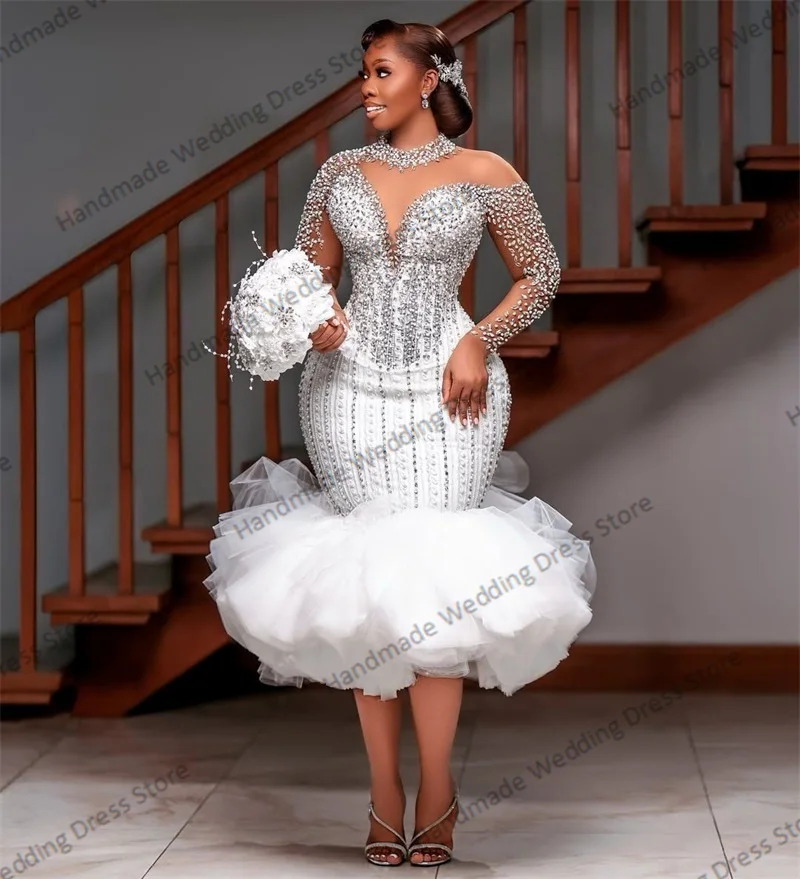 Luxury Shiny Crystals Wedding Dress Sexy Sheer Neck Full Sleeves Midi Bridal Party Gown Customized Beach Church Robe
Luxury Shiny Crystals Wedding Dress Sexy Sheer Neck Full Sleeves Midi Bridal Party Gown Customized Beach Church Robe