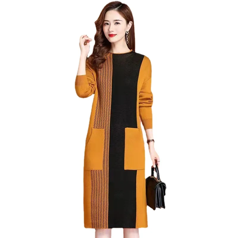 Spring and Autumn 2022 New Splice Knitted Dress Women's Large Loose Mid length Sweater with Warm Bottom 
Spring and Autumn 2022 New Splice Knitted Dress Women's Large Loose Mid length Sweater with Warm Bottom