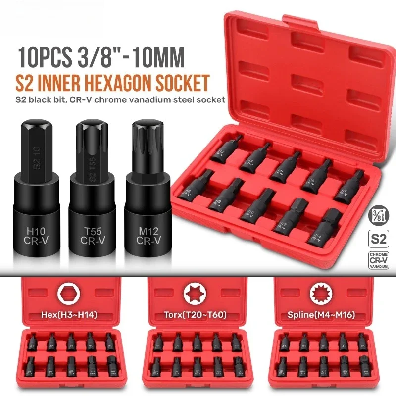 For Auto Maintenance 10PC 3/8" Drive Socket Set H3-14/T20-60/M4-16 with Red Case, Professional Torx/Hex/Spline Tool Kit
For Auto Maintenance 10PC 3/8" Drive Socket Set H3-14/T20-60/M4-16 with Red Case, Professional Torx/Hex/Spline Tool Kit