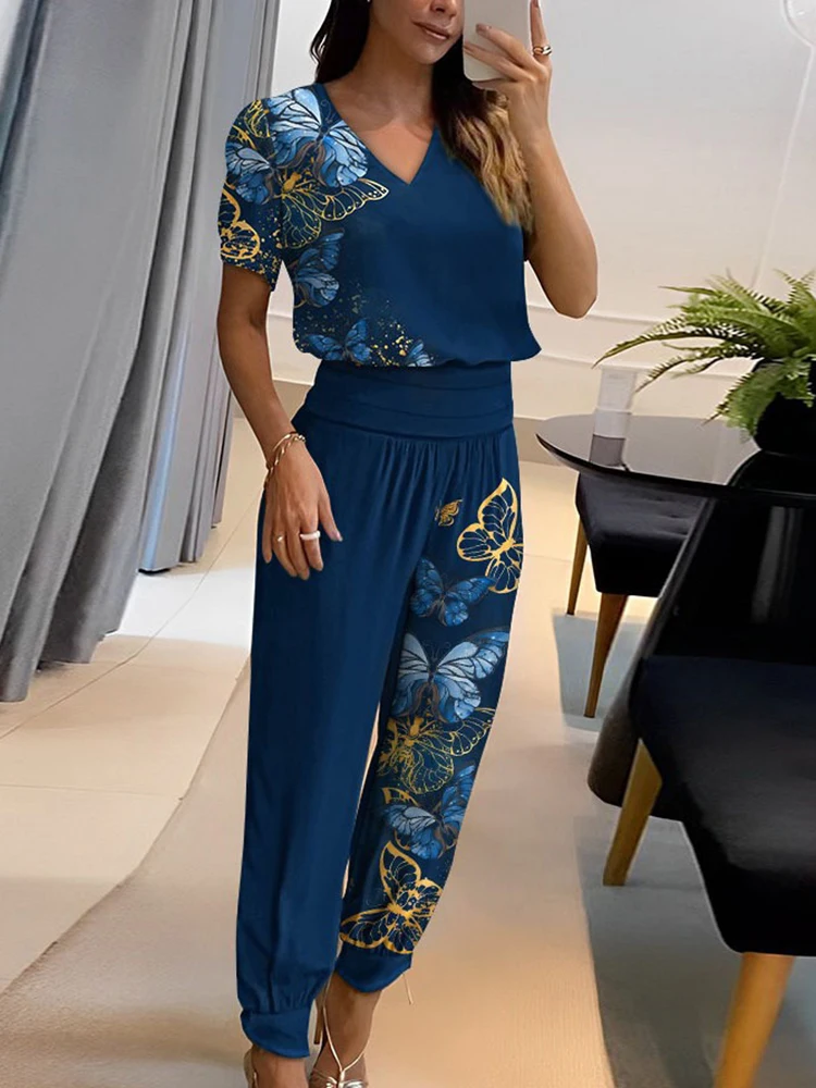 Elastic Waist Pants Butterfly Print Outfits Summer Women V Neck Top Slim Pants Set Casual Female Summer Streetwear Trousers Suit
Elastic Waist Pants Butterfly Print Outfits Summer Women V Neck Top Slim Pants Set Casual Female Summer Streetwear Trousers Suit