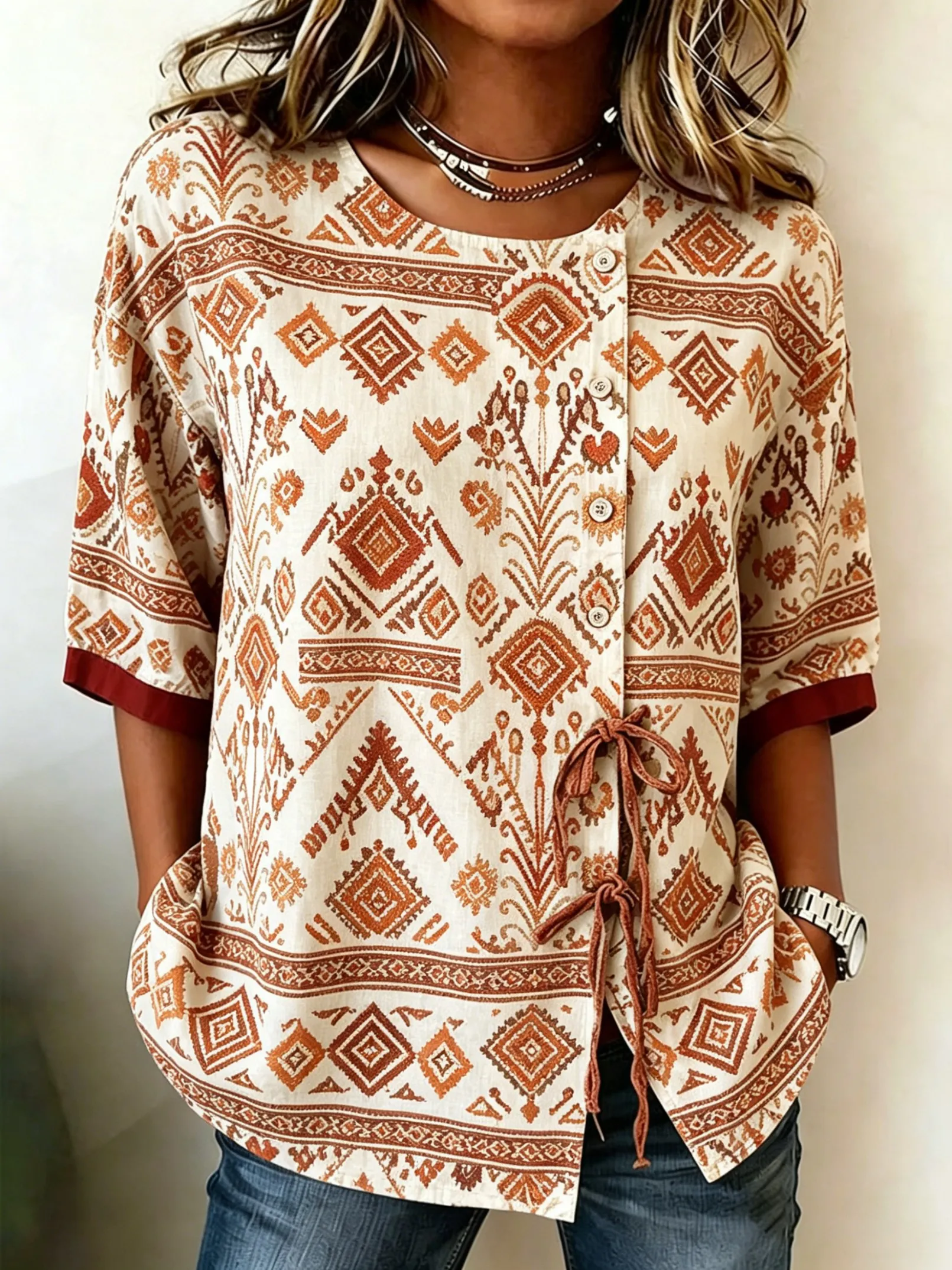 Women's Spring Summer Drawstring Blouse, Boho Aztec Tribal Geometric Print Casual Tops for Daily Street Holiday Dating Outfit
Women's Spring Summer Drawstring Blouse, Boho Aztec Tribal Geometric Print Casual Tops for Daily Street Holiday Dating Outfit