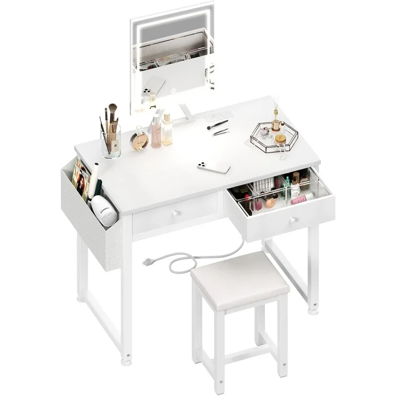 Desk with Fabric Drawers, 32 inch White Vanity Desks with Mirror and Light, Dressing Table and Chair
Desk with Fabric Drawers, 32 inch White Vanity Desks with Mirror and Light, Dressing Table and Chair
