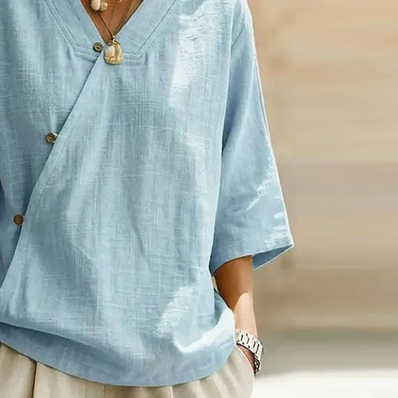 New Summer Women Shirt Blouses Top V Neck Button Design 3/4 Sleeve Loose Tee Casual Cotton Linen Women T-Shirts Solid Color Tops
New Summer Women Shirt Blouses Top V Neck Button Design 3/4 Sleeve Loose Tee Casual Cotton Linen Women T-Shirts Solid Color Tops