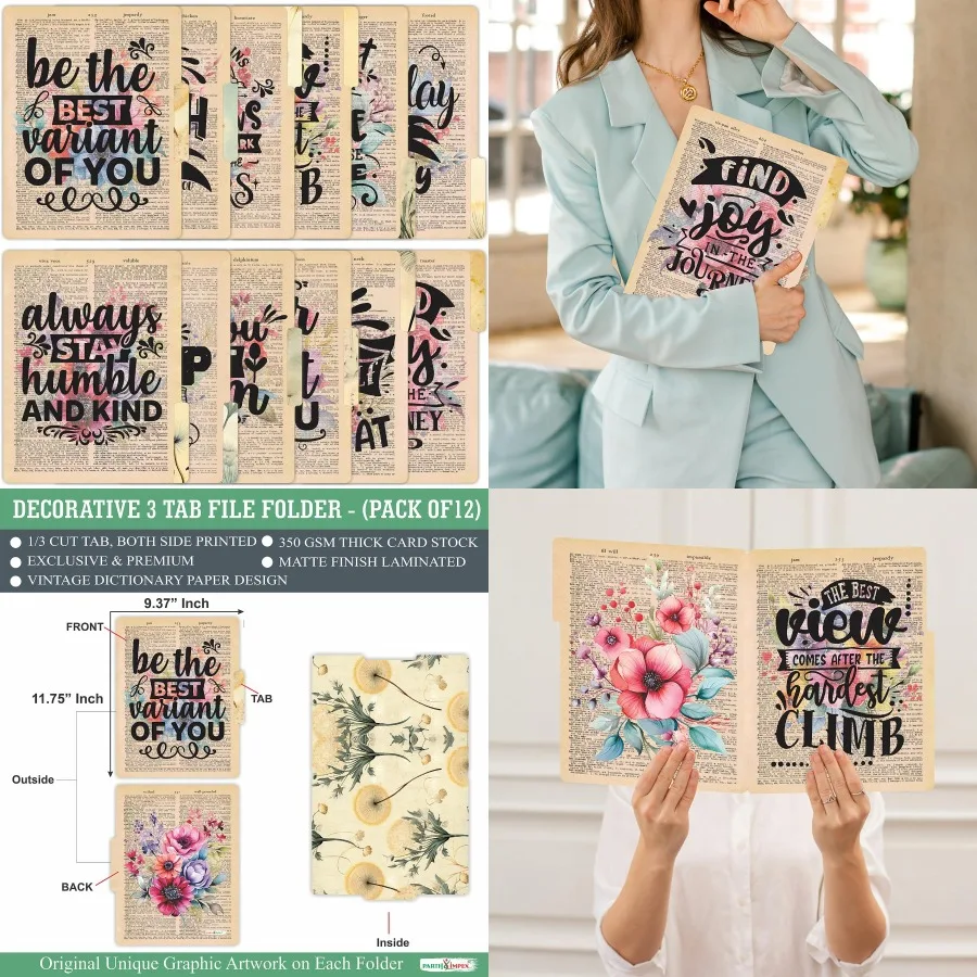 12 Pack Decorative File Folders with 1/3 Cut Tab and Assorted Positions for Office and School Use Letter Size Paper Holders 9.3
12 Pack Decorative File Folders with 1/3 Cut Tab and Assorted Positions for Office and School Use Letter Size Paper Holders 9.3