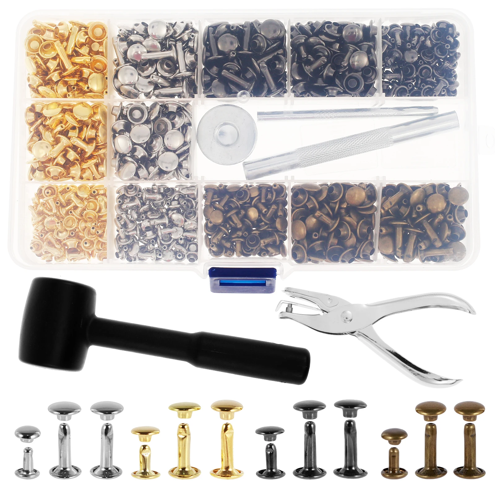 480Pcs 6/8mm Metal Double Cap Leather Rivets Set with Hammer and Punch Plier Studs Shoes Bag Belt Clothing Repair Accessories
480Pcs 6/8mm Metal Double Cap Leather Rivets Set with Hammer and Punch Plier Studs Shoes Bag Belt Clothing Repair Accessories