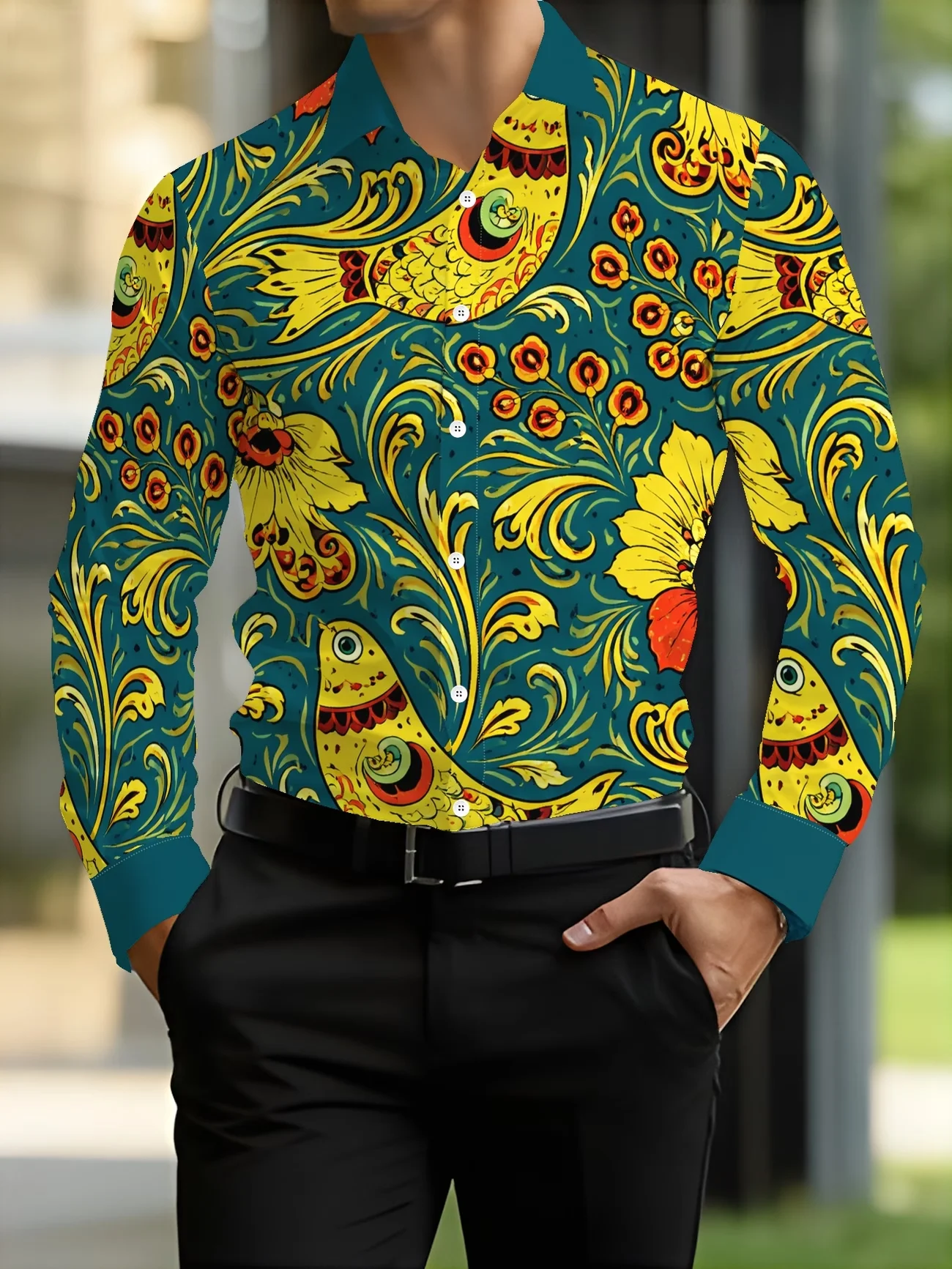 New peacock blue ethnic style flower and bird print men's long sleeved shirt exotic casual flower shirt
New peacock blue ethnic style flower and bird print men's long sleeved shirt exotic casual flower shirt