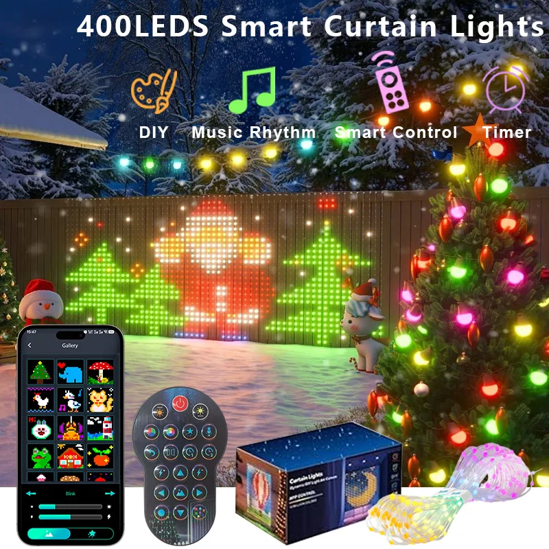 9.9Ft 400LED Smart Curtain String Lights RGB LED Garland Curtain Lights DIY Color Music Sync Window Lighting for Christmas Decor
9.9Ft 400LED Smart Curtain String Lights RGB LED Garland Curtain Lights DIY Color Music Sync Window Lighting for Christmas Decor