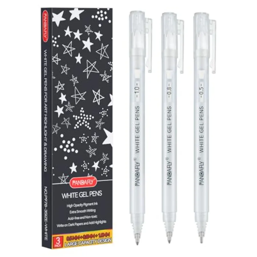 White Gel Pens, 0.5/0.8/1.0mm Assorted Fine Medium Bold Tips, Opaque Archival White Ink Pens for Black Paper, Art Drawing, Jour
White Gel Pens, 0.5/0.8/1.0mm Assorted Fine Medium Bold Tips, Opaque Archival White Ink Pens for Black Paper, Art Drawing, Jour