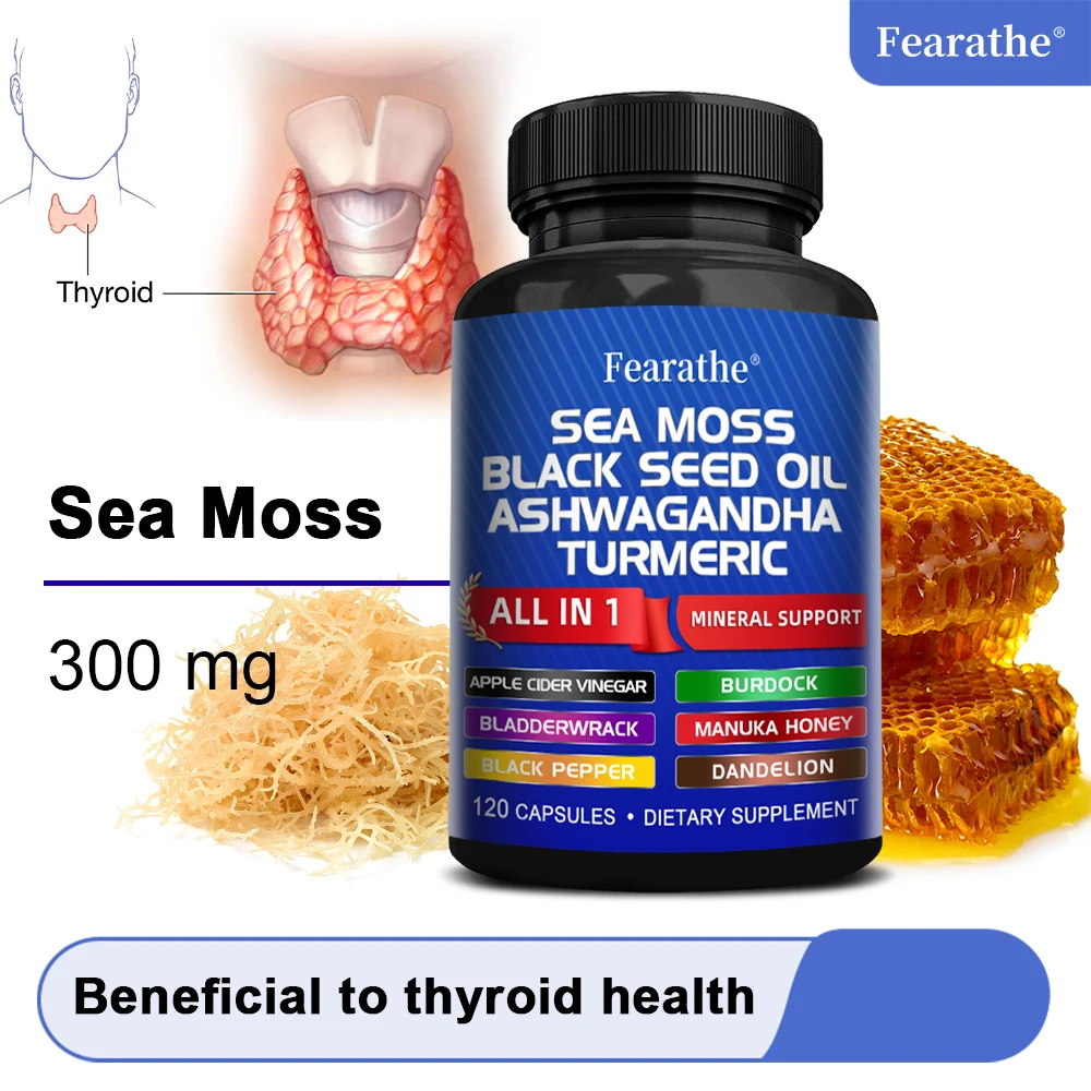 Sea Moss Complex Capsules with Black Seed Oil, Ashwagandha, Turmeric, Supports Thyroid, Gut, Immune, Joint Health & Energy
Sea Moss Complex Capsules with Black Seed Oil, Ashwagandha, Turmeric, Supports Thyroid, Gut, Immune, Joint Health & Energy