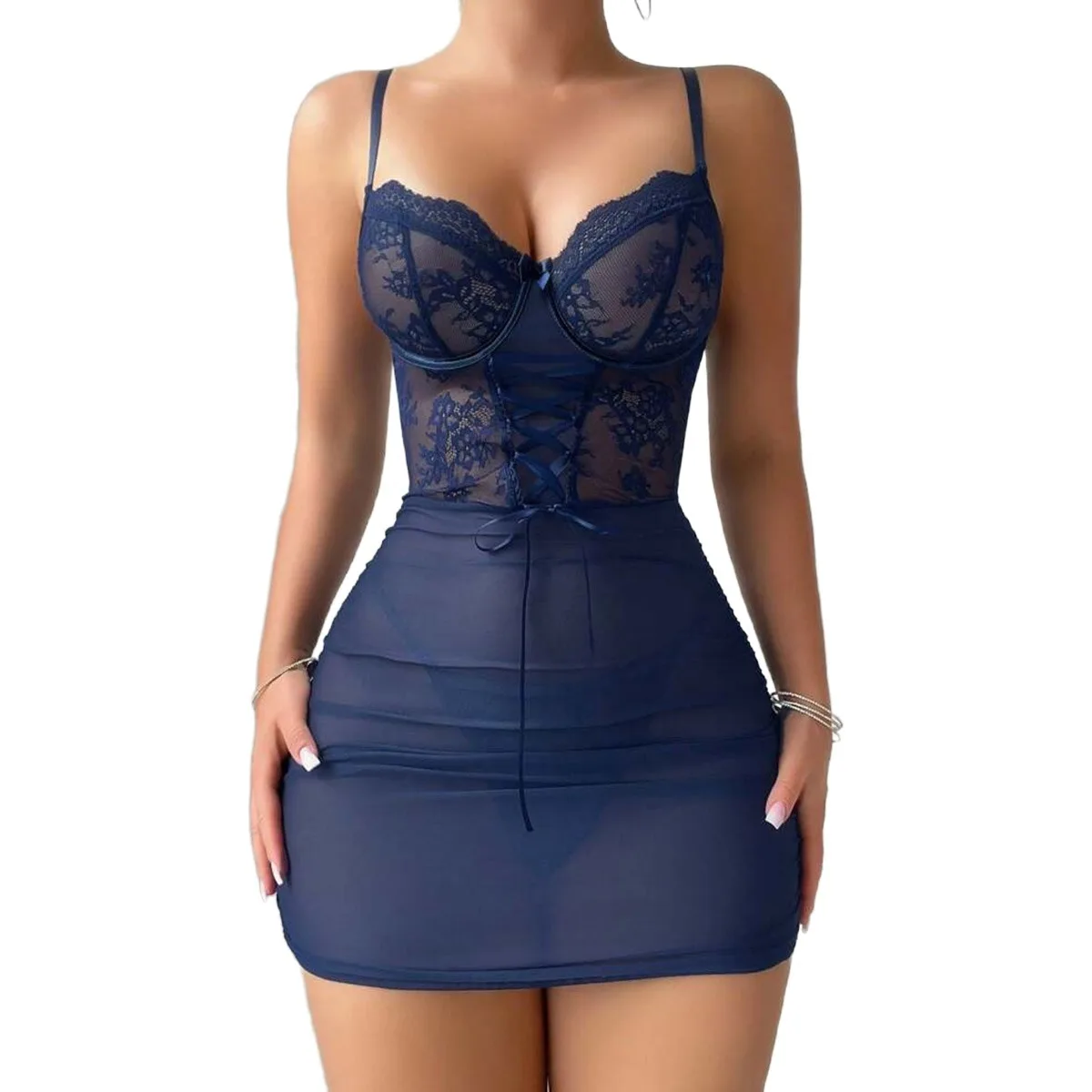 Элитный комплект женского элегантного белья Deep Blue: кружевная и полупрозрачная ночная сорочка с трусиками-стрингами
Элитный комплект женского элегантного белья Deep Blue: кружевная и полупрозрачная ночная сорочка с трусиками-стрингами