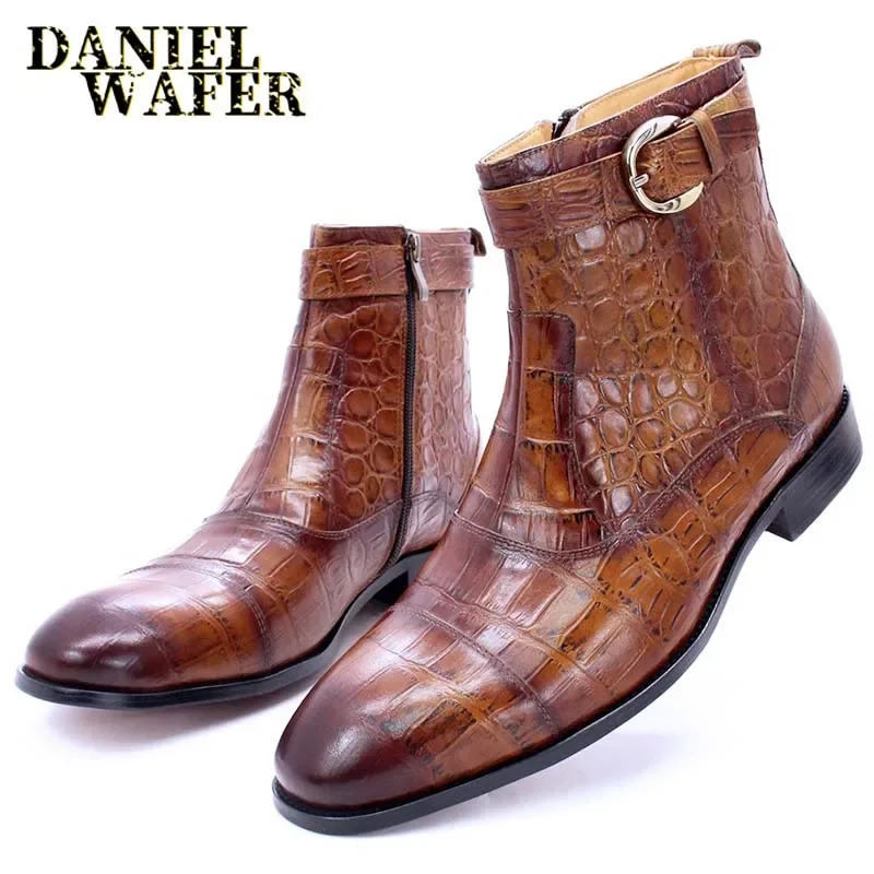 Luxury Ankle Boots Mens Dress Shoes Black Brown Blue Crocodile Print Genuine Leather Zip Buckle Wedding Office Chelsea Boots Men
Luxury Ankle Boots Mens Dress Shoes Black Brown Blue Crocodile Print Genuine Leather Zip Buckle Wedding Office Chelsea Boots Men