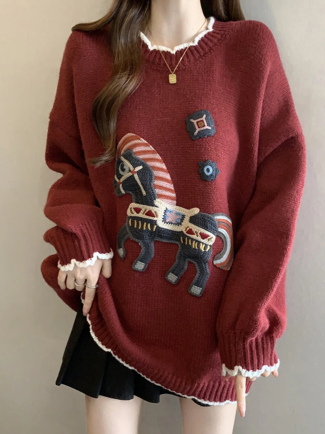 Wine Red Color Sweater Women's Winter Fashion Style Shoulder Lengthened Design Lucky Year Celebration Top for Young Girls
Wine Red Color Sweater Women's Winter Fashion Style Shoulder Lengthened Design Lucky Year Celebration Top for Young Girls