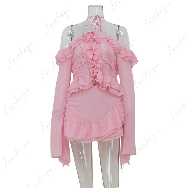 Chic Ruffle Edge Flare Sleeve Tops Women Slim Mini Skirt Fashion Two Piece Dress Set
Chic Ruffle Edge Flare Sleeve Tops Women Slim Mini Skirt Fashion Two Piece Dress Set