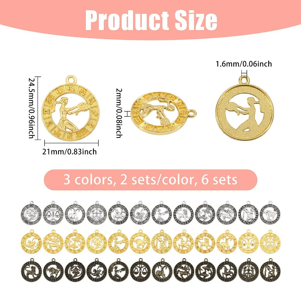 Style Alloy Pendants Flat Round with Constellation Mixed Color 24.5x21x2mm Hole: 1.6mm 72pcs
Style Alloy Pendants Flat Round with Constellation Mixed Color 24.5x21x2mm Hole: 1.6mm 72pcs
