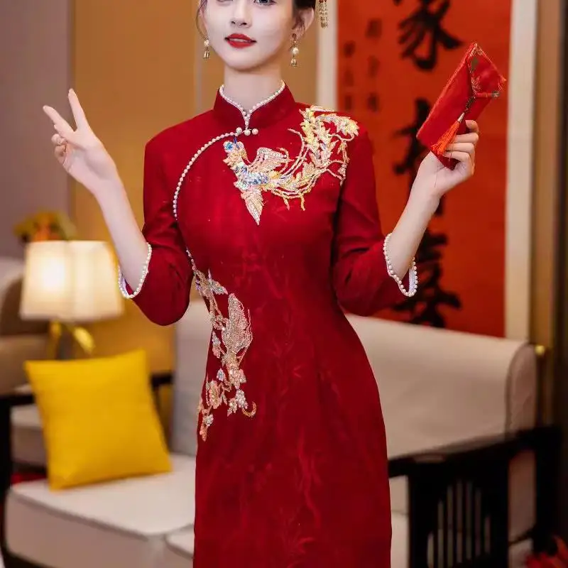 Wedding Dress New Chinese Style Engagement Party Women's Autumn Vintage Dress Fashionable Seven Sleeve Long Dress
Wedding Dress New Chinese Style Engagement Party Women's Autumn Vintage Dress Fashionable Seven Sleeve Long Dress