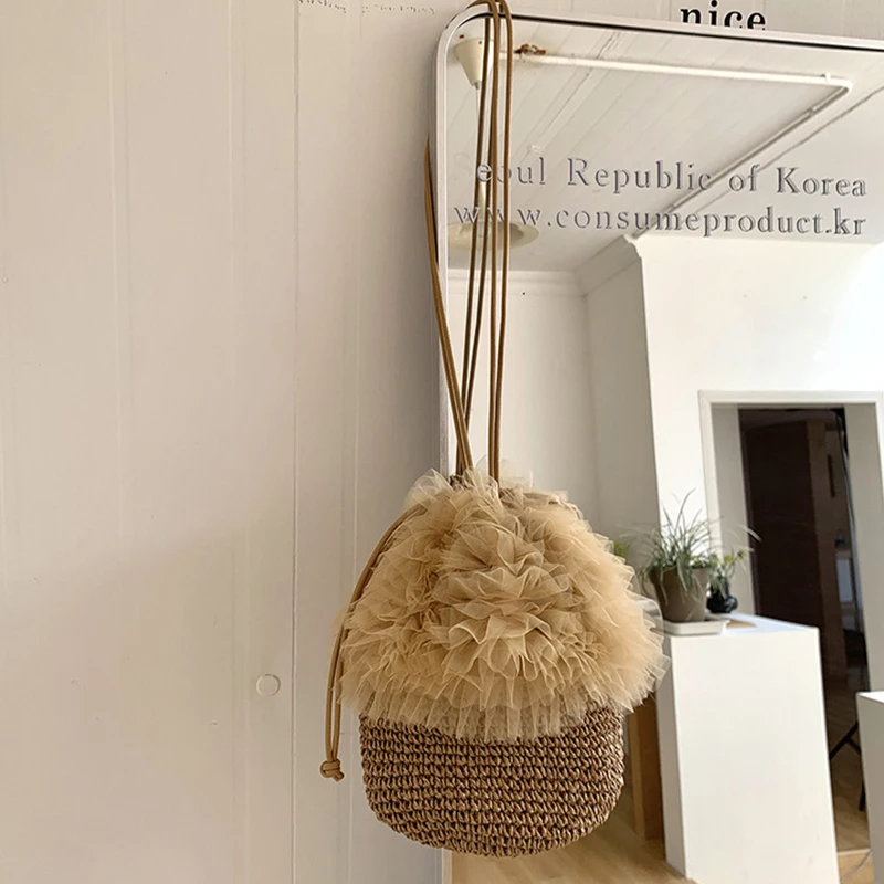Women Mesh Lace Trim Straw Woven Bucket Bag, Handmade Crochet Unique Shoulder Handbag Summer Beach Boho Style Casual Daily
Women Mesh Lace Trim Straw Woven Bucket Bag, Handmade Crochet Unique Shoulder Handbag Summer Beach Boho Style Casual Daily