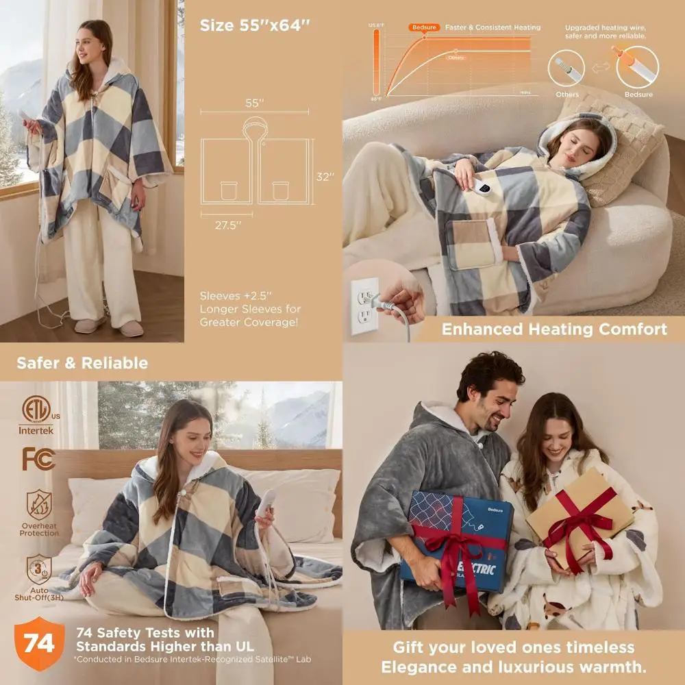 Electric Heated Shawl Poncho Blanket with Hoodie, Auto-Off, 55x64 Beige Plaid for Women, Winter Gift
Electric Heated Shawl Poncho Blanket with Hoodie, Auto-Off, 55x64 Beige Plaid for Women, Winter Gift