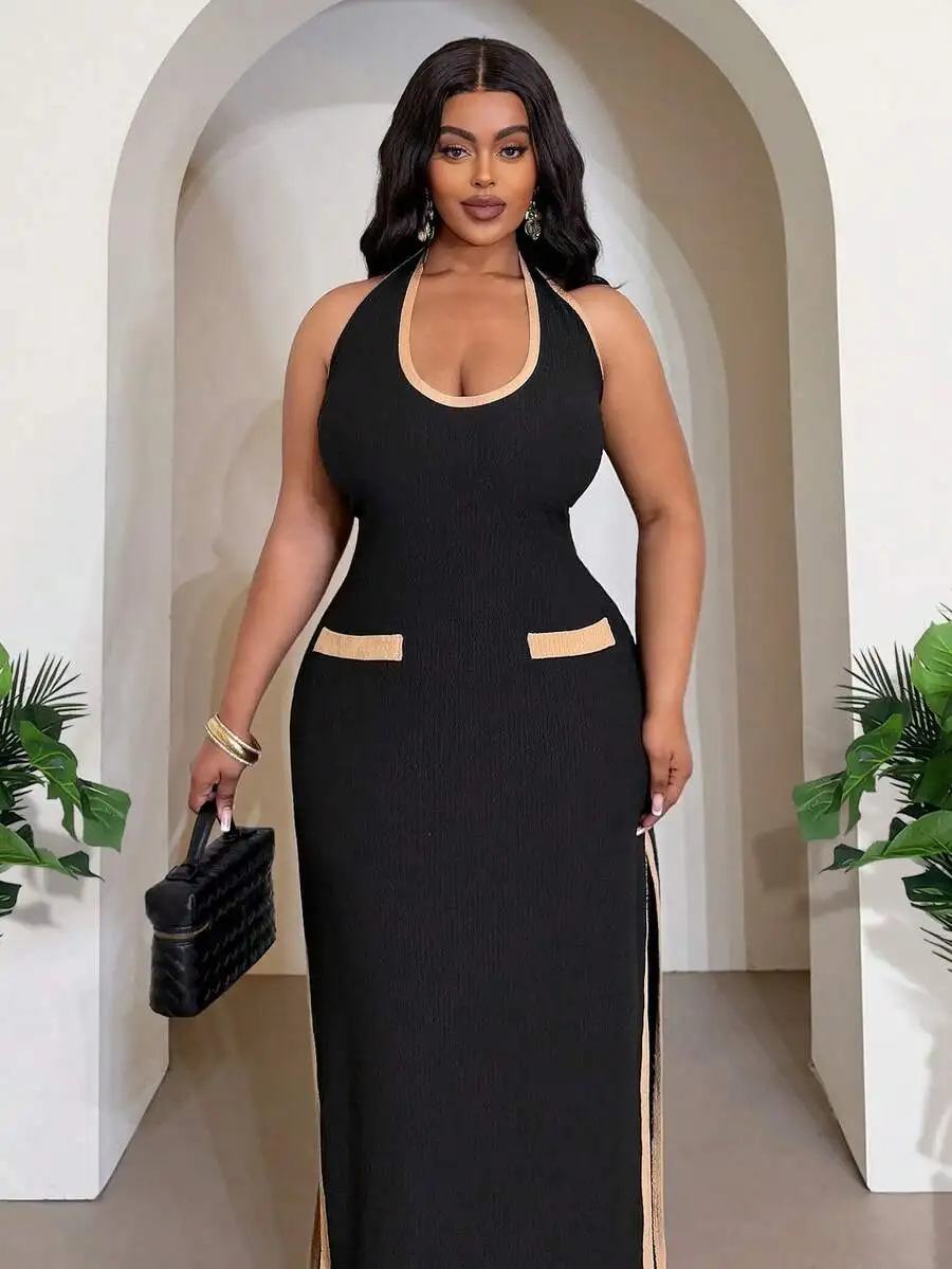 Black & Khaki Color Block Halter Slit Maxi Dress For Women Summer Elegant Casual Party
Black & Khaki Color Block Halter Slit Maxi Dress For Women Summer Elegant Casual Party