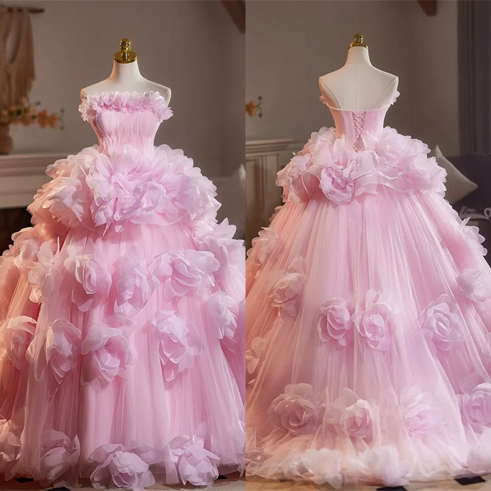 Customized Delicate Pink Tulle Evening Dress Exquisite Strapless Sleeveless Lace Up Back Flowers Tiered Special Occasion Gowns
Customized Delicate Pink Tulle Evening Dress Exquisite Strapless Sleeveless Lace Up Back Flowers Tiered Special Occasion Gowns