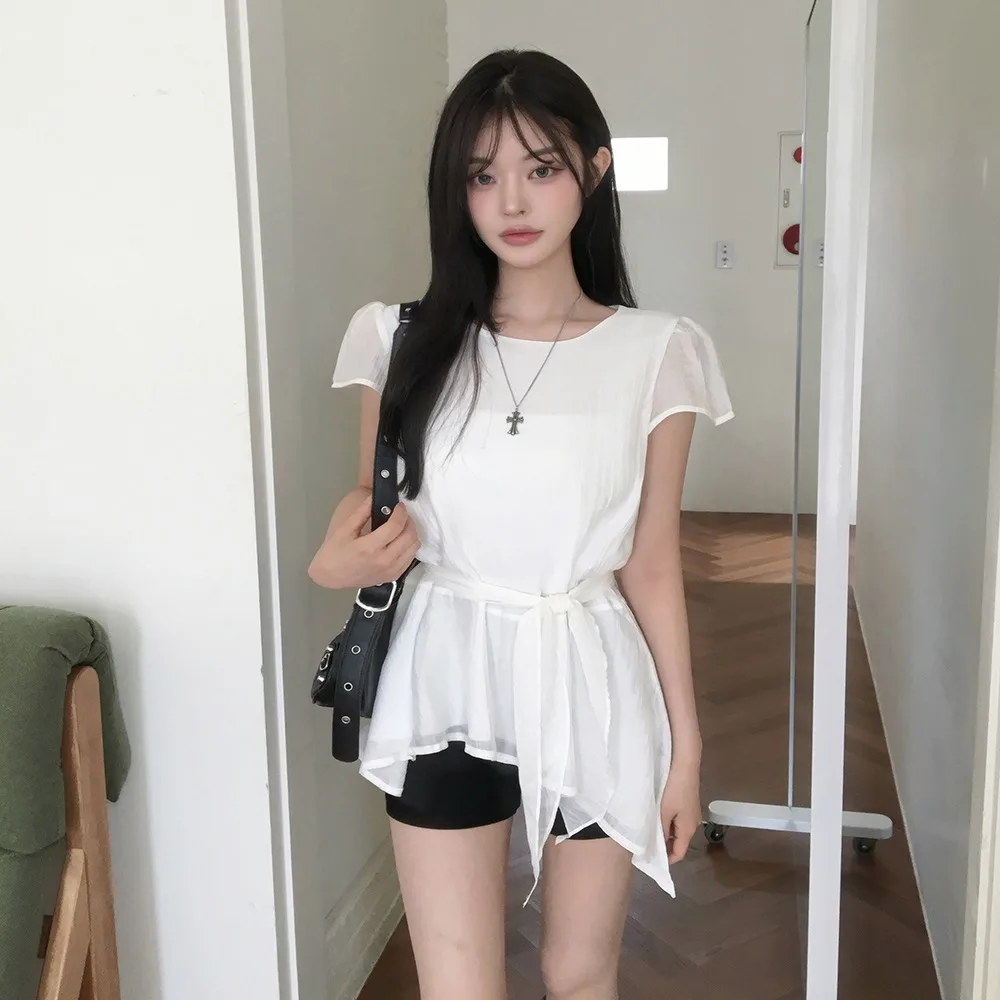 Liangliang Summer New Style round Neck Tie Waist Short Sleeve Shirt Thin Irregular Hemline Women's Fashion Shirt Polyester Fiber
Liangliang Summer New Style round Neck Tie Waist Short Sleeve Shirt Thin Irregular Hemline Women's Fashion Shirt Polyester Fiber