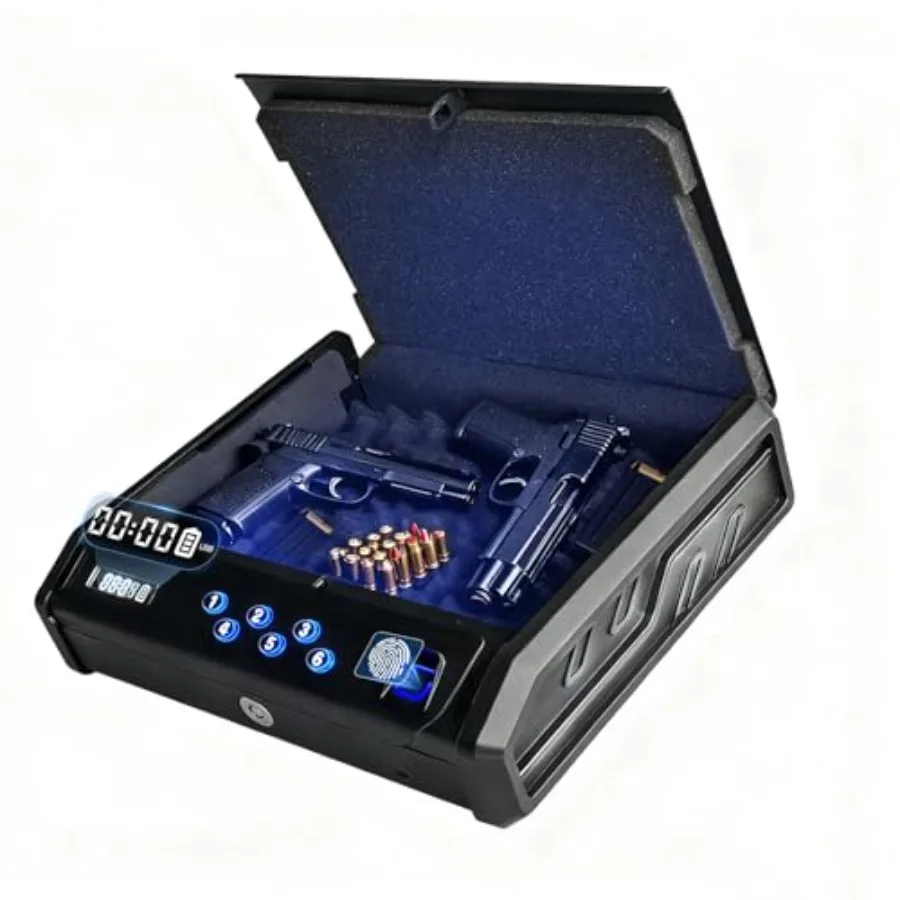 gun safe with 3 Quick-Access Fingerprint Passcode Key.with LCD Display with Pistol Safe Handgun Safe Hand Gun Lock Box for Home