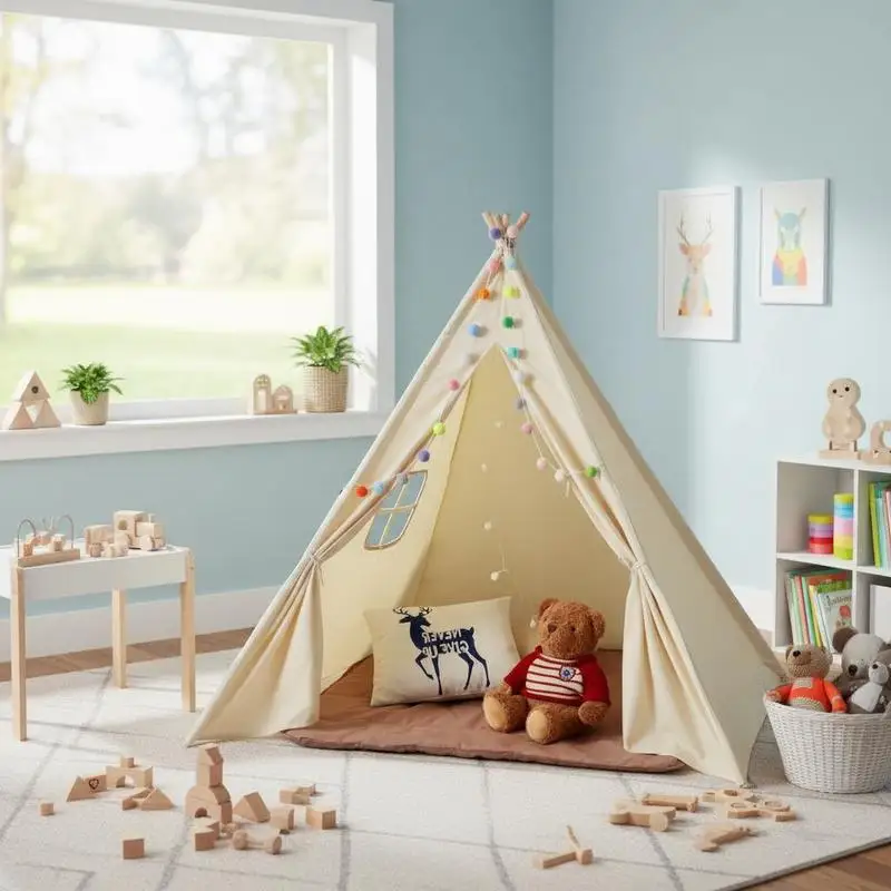 Children's play tent, teepee tent for children 1-5 years, toddler tent with mat and decorative plush balls, children's tent with windows for indoor & outdoor use, beige
Children's play tent, teepee tent for children 1-5 years, toddler tent with mat and decorative plush balls, children's tent with windows for indoor & outdoor use, beige