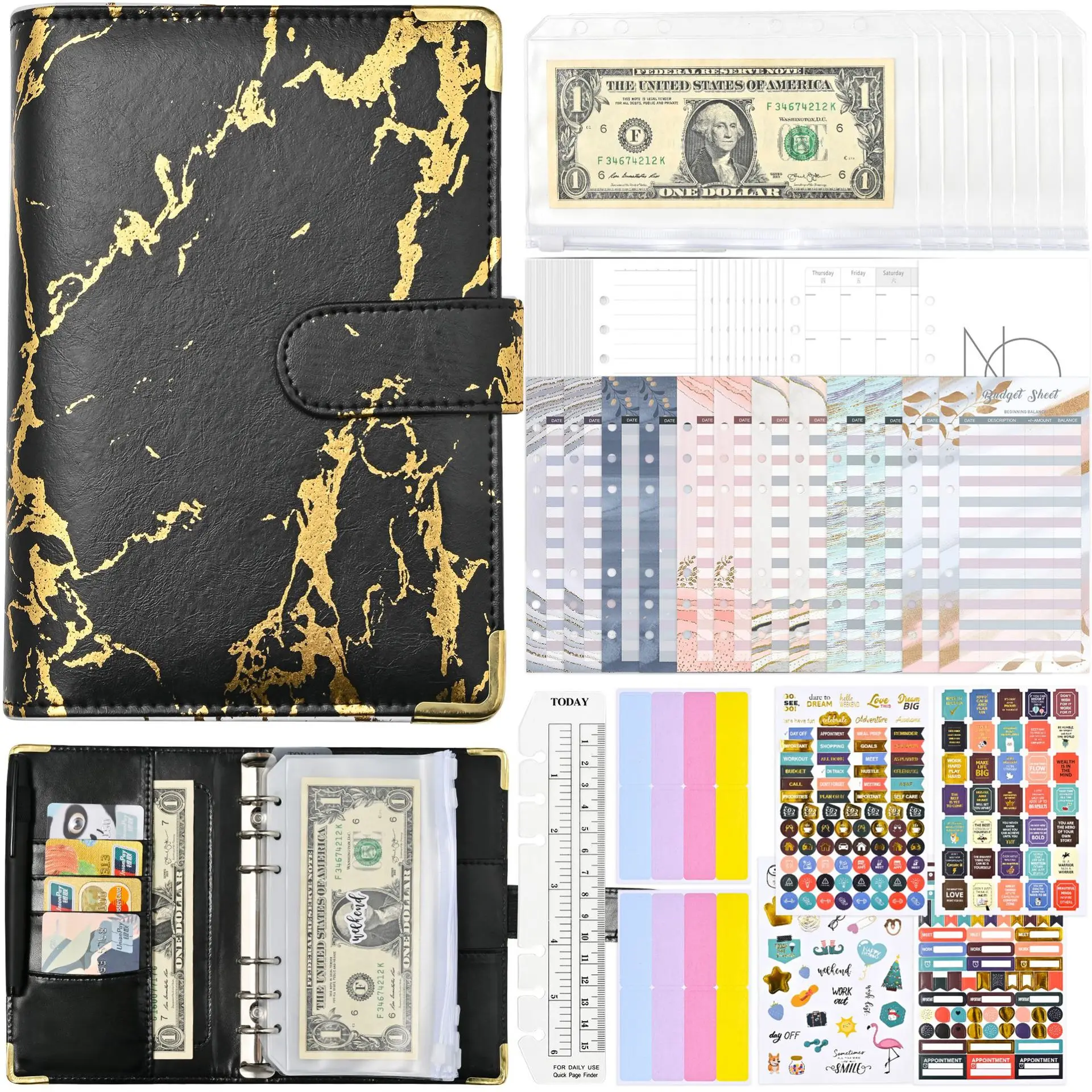 A6 PU Leather Marble Notebook Binder Budget Planner Money Organizer for Cash Savings with 12 Zipper Envelope Pockets Stickers
A6 PU Leather Marble Notebook Binder Budget Planner Money Organizer for Cash Savings with 12 Zipper Envelope Pockets Stickers