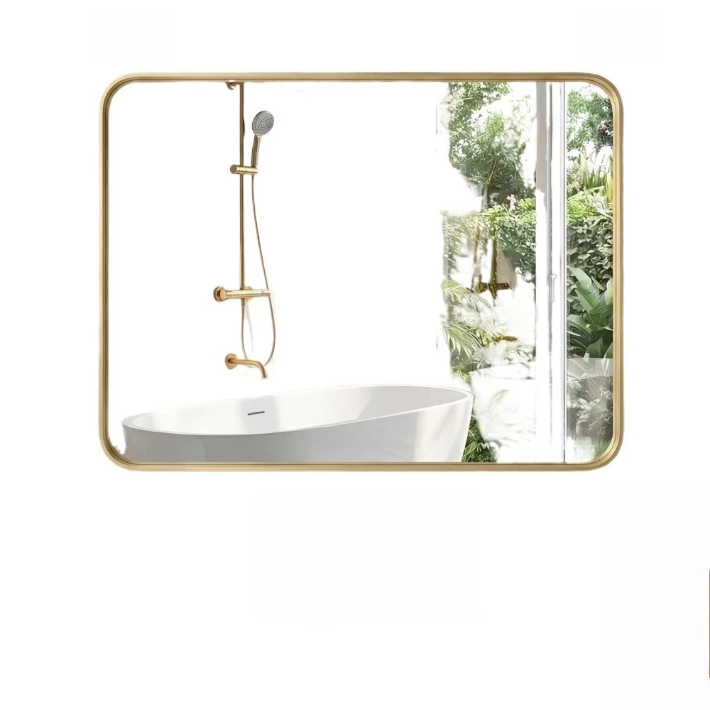 Anti fog bathroom wall mirror -24 inch x 32 inch anti shatter mirror with rectangular metal frame, gold color
Anti fog bathroom wall mirror -24 inch x 32 inch anti shatter mirror with rectangular metal frame, gold color
