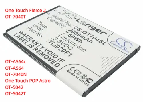 Battery For Alcatel One Touch;OT-A564;OT-5017;Pixi U5;Orange Roya;X Spirit;V500
Battery For Alcatel One Touch;OT-A564;OT-5017;Pixi U5;Orange Roya;X Spirit;V500