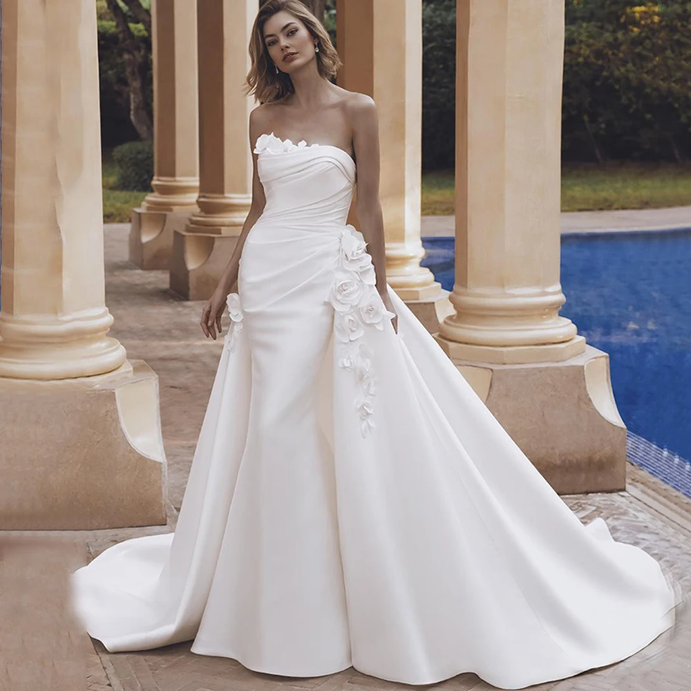 Modern Mermaid Wedding Dress with Detachable Sweep Train Bride Strapless Sleeveless Pleat and 3D Flowers Satin Gowns Custom Made
Modern Mermaid Wedding Dress with Detachable Sweep Train Bride Strapless Sleeveless Pleat and 3D Flowers Satin Gowns Custom Made