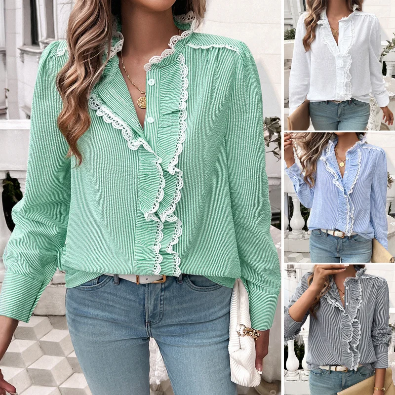 2025 Autumn Winter Loose Casual Striped Lace Cardigan Button Long Sleeve Women's Shirt Blouse C001
2025 Autumn Winter Loose Casual Striped Lace Cardigan Button Long Sleeve Women's Shirt Blouse C001