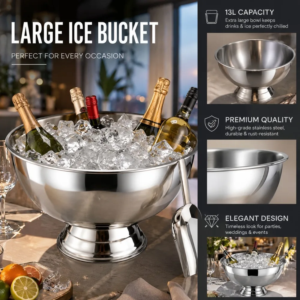 13L Stainless Steel Ice Bucket Champagne Beverage Tub Semicircle Drink Bowl with Ice Scoop Integrated Base for Parties Cocktail
13L Stainless Steel Ice Bucket Champagne Beverage Tub Semicircle Drink Bowl with Ice Scoop Integrated Base for Parties Cocktail