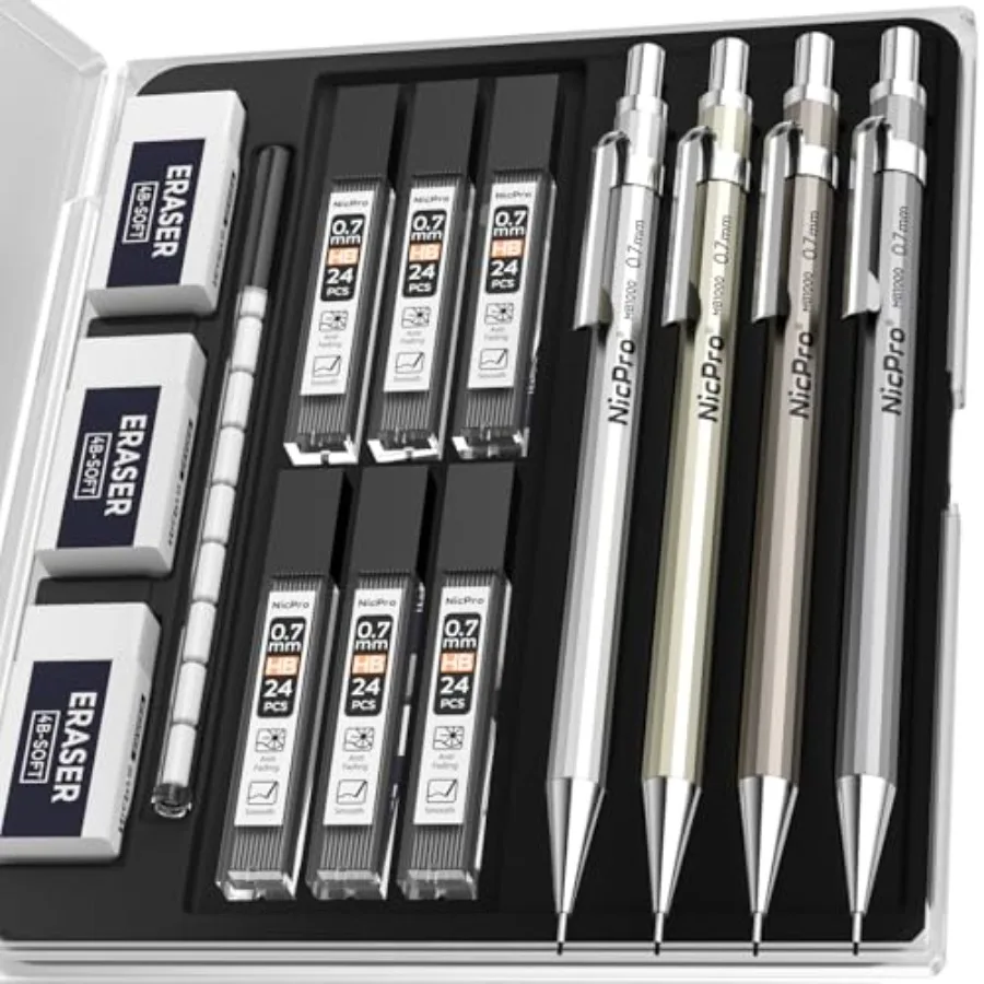 Mechanical Pencil 0.7mm with Case, MB1000 Metal Mechanical Pencil Set with 6 Tube HB #2 Lead Refill 0.7 mm, 3PCS 4B Eraser, 9 C
Mechanical Pencil 0.7mm with Case, MB1000 Metal Mechanical Pencil Set with 6 Tube HB #2 Lead Refill 0.7 mm, 3PCS 4B Eraser, 9 C