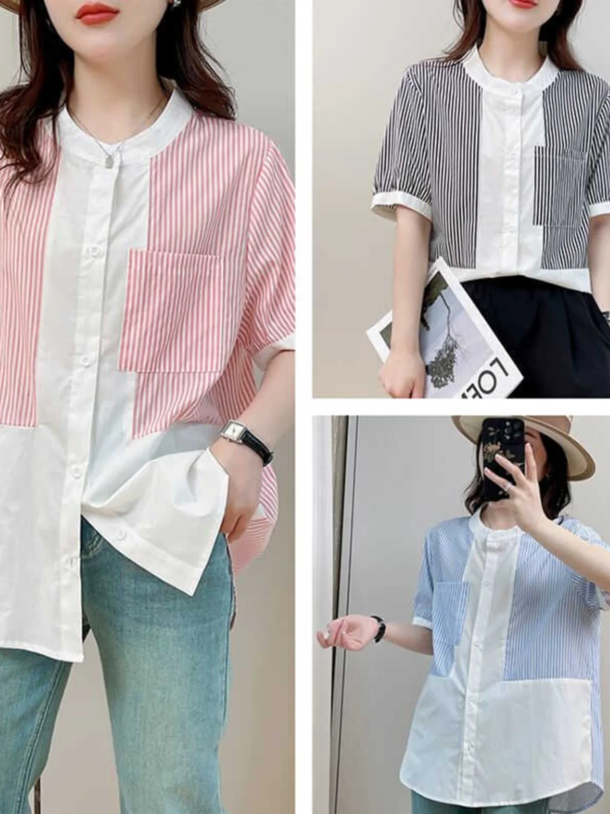 Blue Striped Patchwork Short Sleeve Women's Summer Loose Casual round Neck Shirt Stylish Top Korean Style Commute Wind
Blue Striped Patchwork Short Sleeve Women's Summer Loose Casual round Neck Shirt Stylish Top Korean Style Commute Wind