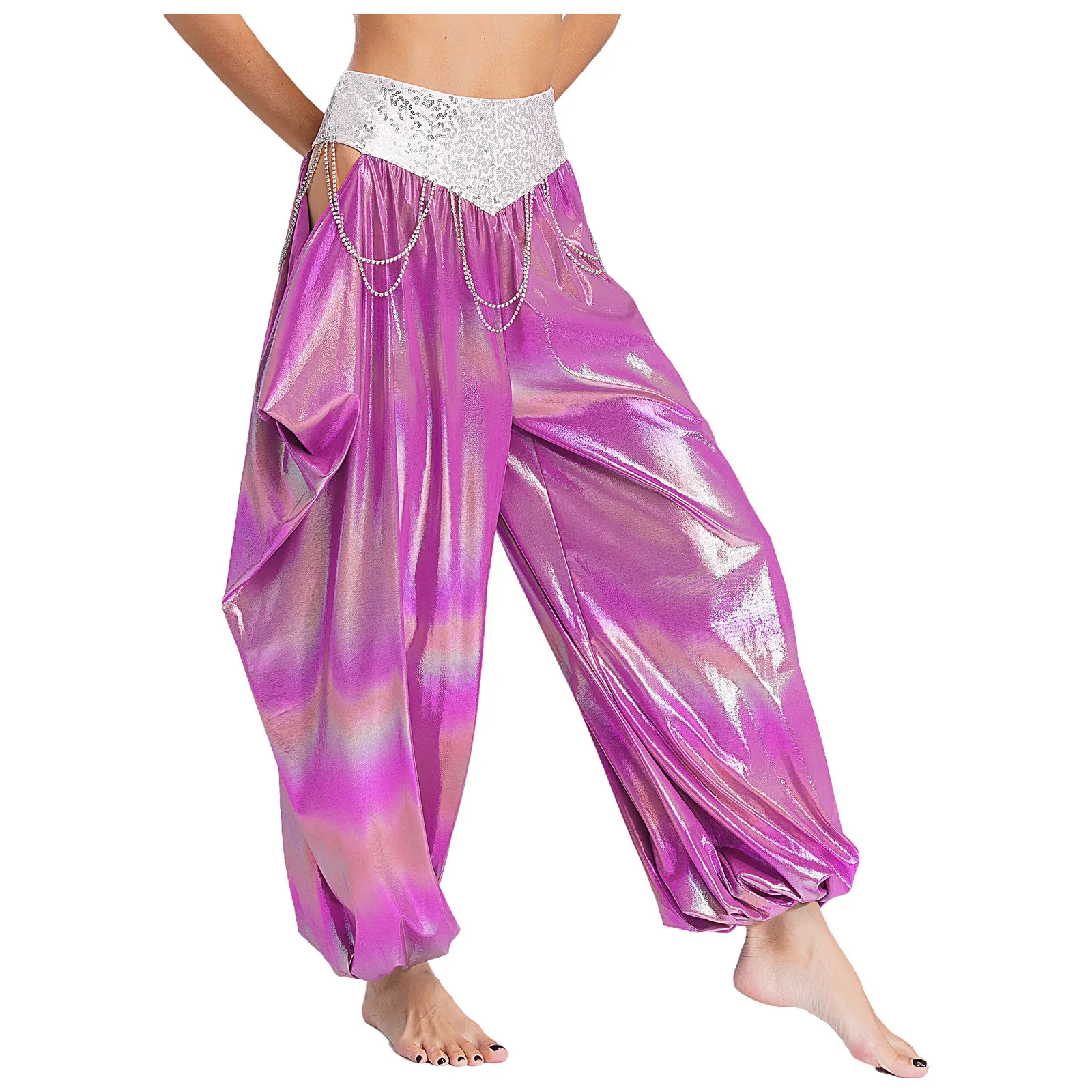 Women Bellywood Costume Belly Dance Metallic Pants Sparkling Sequins Waistband Trousers Rhinestone Chains Cutout Loose Bloomers
Women Bellywood Costume Belly Dance Metallic Pants Sparkling Sequins Waistband Trousers Rhinestone Chains Cutout Loose Bloomers