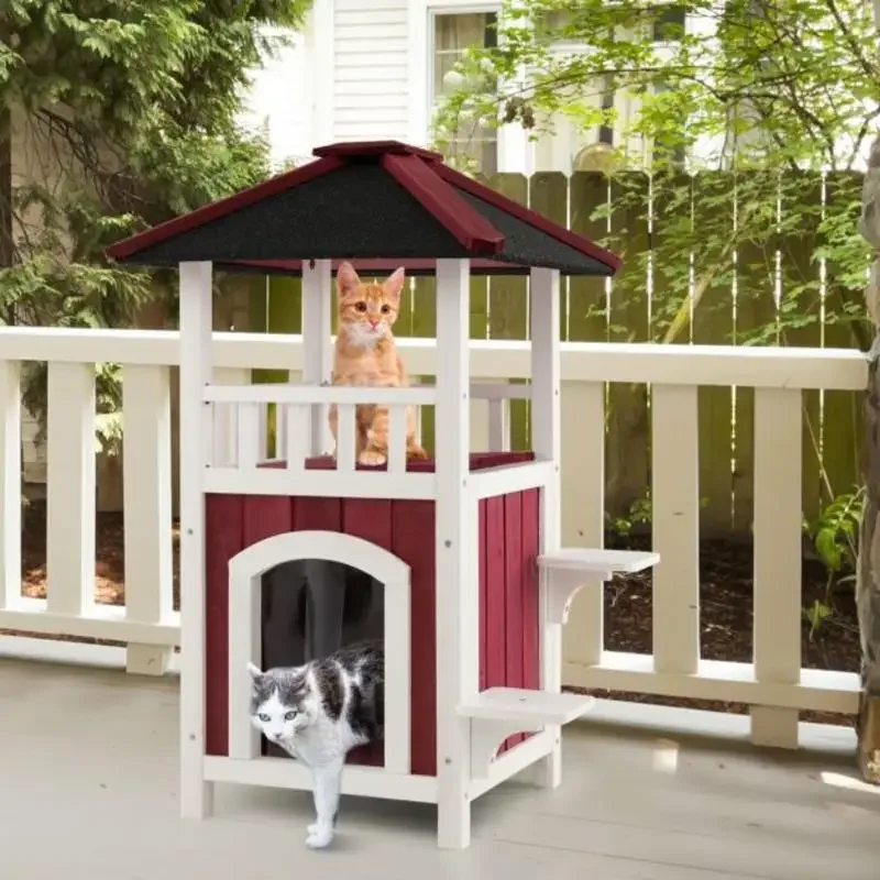2-Story Wooden Cat House with Asphalt Roof Balcony and Rain Curtain-Red & White
2-Story Wooden Cat House with Asphalt Roof Balcony and Rain Curtain-Red & White