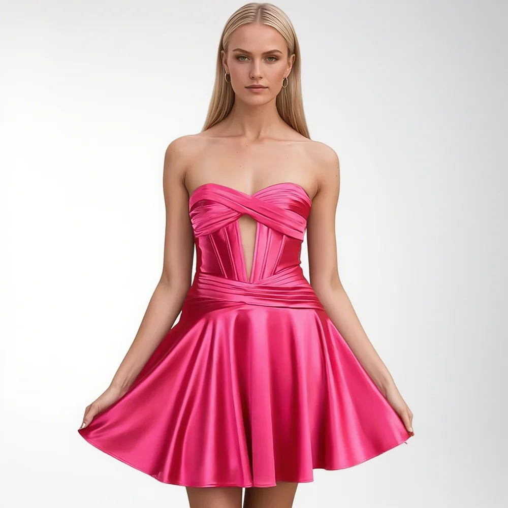 Sexy Starpless Fuchsia Homecoming Dresses Criss-Cross Corset Top Elegant Satin Mini Cocktail Prom Party Dress Customized
Sexy Starpless Fuchsia Homecoming Dresses Criss-Cross Corset Top Elegant Satin Mini Cocktail Prom Party Dress Customized