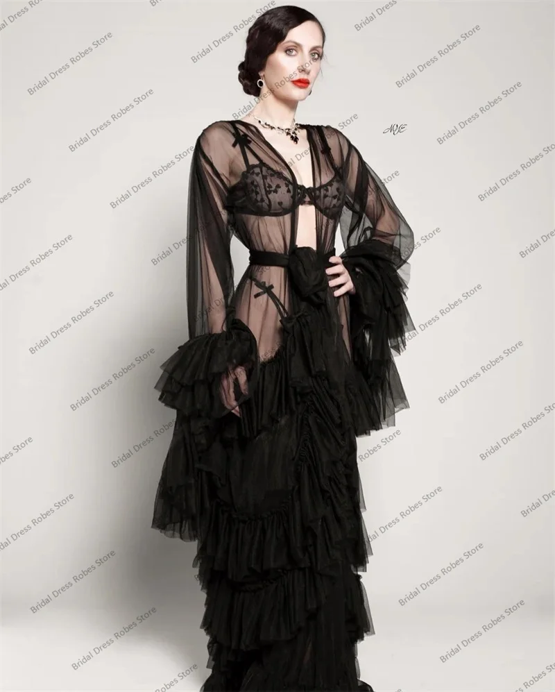 Black Tiered Tulle Pajamas Photo Shoot Sexy See Through Bridal Gown With Belt Wedding Sleepwear Prom Gown Custom Made Robe
Black Tiered Tulle Pajamas Photo Shoot Sexy See Through Bridal Gown With Belt Wedding Sleepwear Prom Gown Custom Made Robe