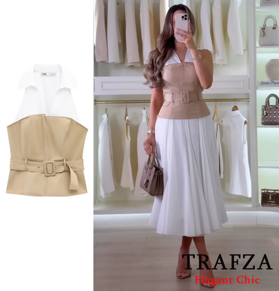 TRAFZA Women Stylish Sleeveless Patchwork Belted Top Elegant Slim Vest Top 2025 New Summer Fashion Commuter Casual Top 
TRAFZA Women Stylish Sleeveless Patchwork Belted Top Elegant Slim Vest Top 2025 New Summer Fashion Commuter Casual Top