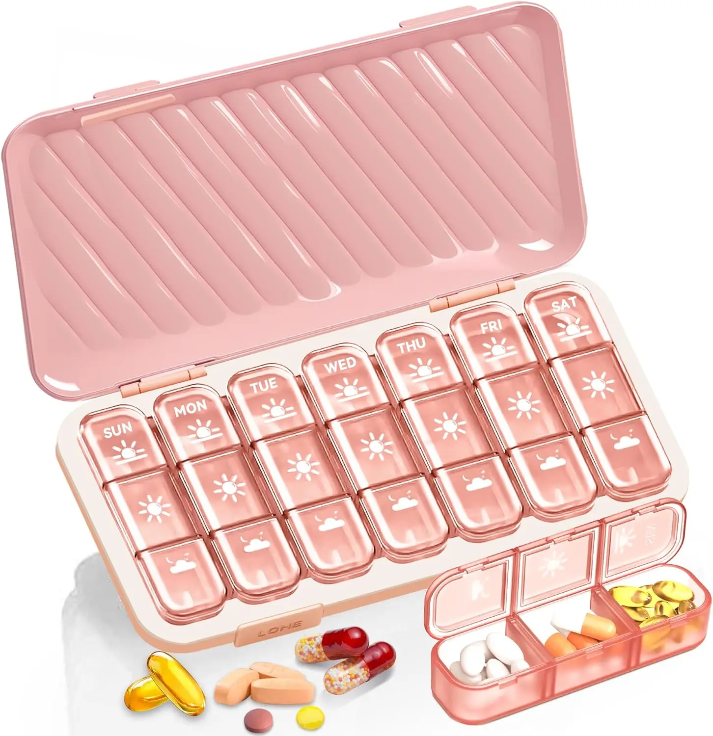 7 Day Pill Organizer 3 Times Daily, Portable Weekly Pill Box for Vitamins & Supplements, Pink
7 Day Pill Organizer 3 Times Daily, Portable Weekly Pill Box for Vitamins & Supplements, Pink