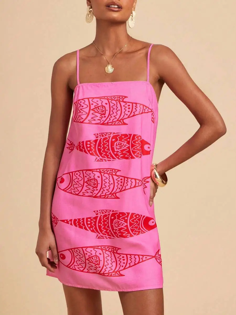 Pink Sleeveless Chiffon Mini Dress with Tribal Fish Print for Summer Vacation
Pink Sleeveless Chiffon Mini Dress with Tribal Fish Print for Summer Vacation