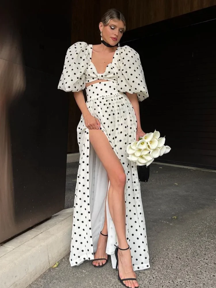 Polka Dot Print Split Pleated Long Skirt Set Women Casual V-neck Lace Up Puff Sleeve Short Tops Suit Summer Lady Party Outfit
Polka Dot Print Split Pleated Long Skirt Set Women Casual V-neck Lace Up Puff Sleeve Short Tops Suit Summer Lady Party Outfit
