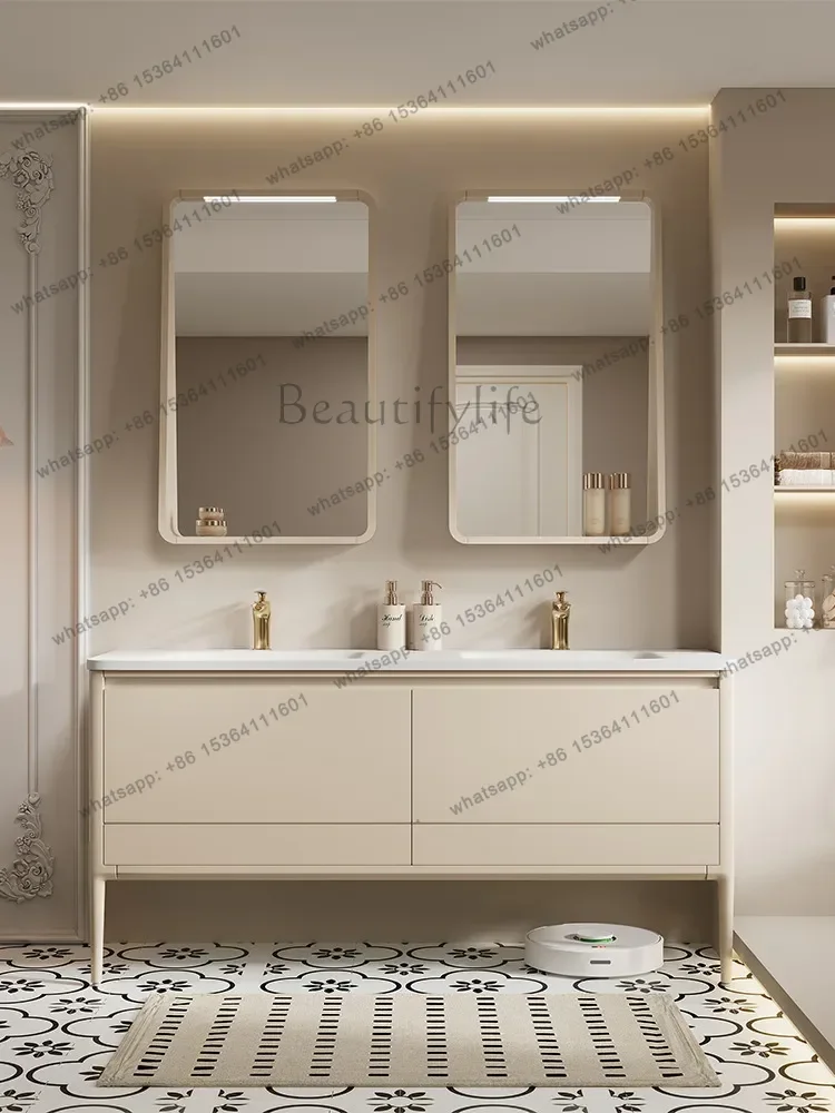 French cream wind double basin integrated basin floor-to-ceiling bathroom cabinet combined bathroom washstand
French cream wind double basin integrated basin floor-to-ceiling bathroom cabinet combined bathroom washstand