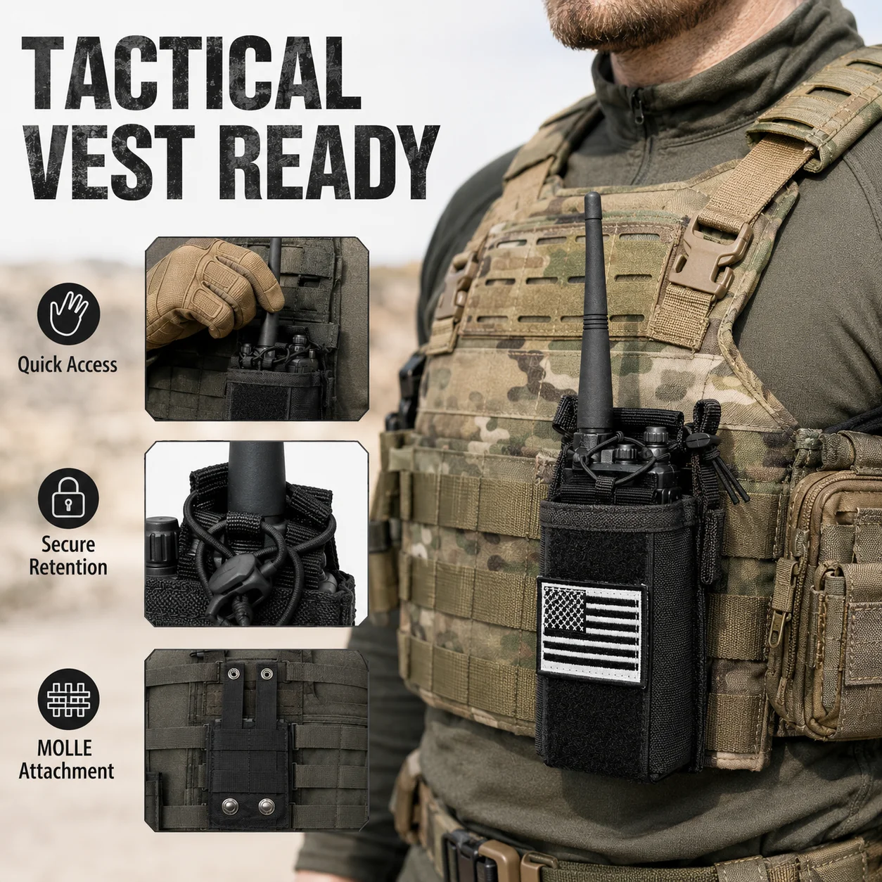 Tactical Radio MOLLE Pouch with 2 US Flag Patches, Heavy Duty Nylon Walkie Talkie Holder with Adjustable Bungee Cord for Baofeng
Tactical Radio MOLLE Pouch with 2 US Flag Patches, Heavy Duty Nylon Walkie Talkie Holder with Adjustable Bungee Cord for Baofeng
