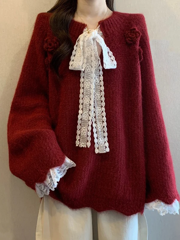 Wine Red 3D Flower Lace Trim Shoulder Sweater Women's Winter Fashion plus Size Top New Year's Day Commute Style Knitted Sweater
Wine Red 3D Flower Lace Trim Shoulder Sweater Women's Winter Fashion plus Size Top New Year's Day Commute Style Knitted Sweater