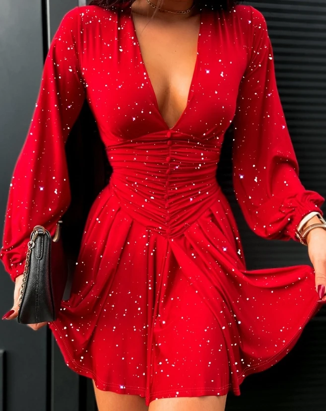 Sparkling Pleated Lantern Sleeve Dress 2023 New Fashion Hot Selling Spring/summer Long Sleeved V-Neck Mini Skirt 
Sparkling Pleated Lantern Sleeve Dress 2023 New Fashion Hot Selling Spring/summer Long Sleeved V-Neck Mini Skirt