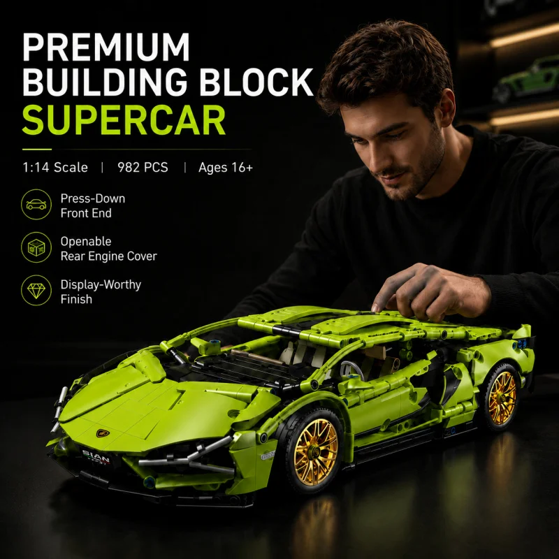 982PCS 1:14 Lime Green Supercar Building Blocks Set, Technical Sports Car Model Kit with Openable Engine Cover, Adult Collector
982PCS 1:14 Lime Green Supercar Building Blocks Set, Technical Sports Car Model Kit with Openable Engine Cover, Adult Collector