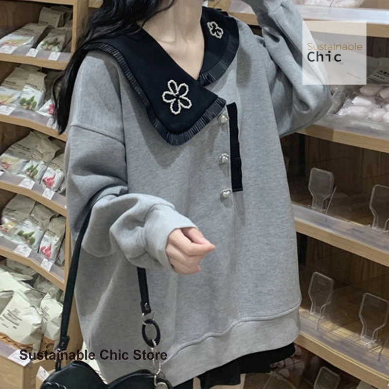 French style gray fashion plus size sweater women's spring and autumn new design sense niche chic doll collar casual Joker top
French style gray fashion plus size sweater women's spring and autumn new design sense niche chic doll collar casual Joker top